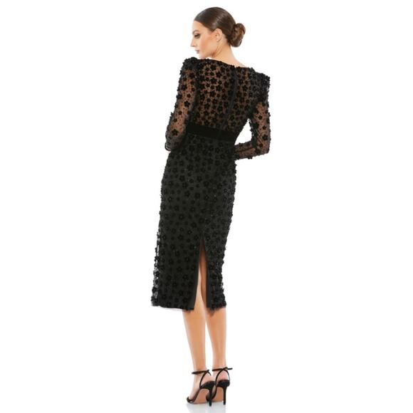 Mac Duggal 18 black Embellished V Neck Illusion Long Sleeve Column Midi dress - Picture 3 of 7